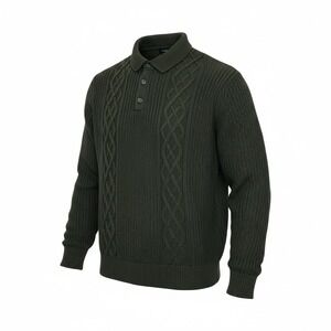 Banana Republic Mens Large Green Cable Knit Polo Sweater Long Sleeve Ribbed L